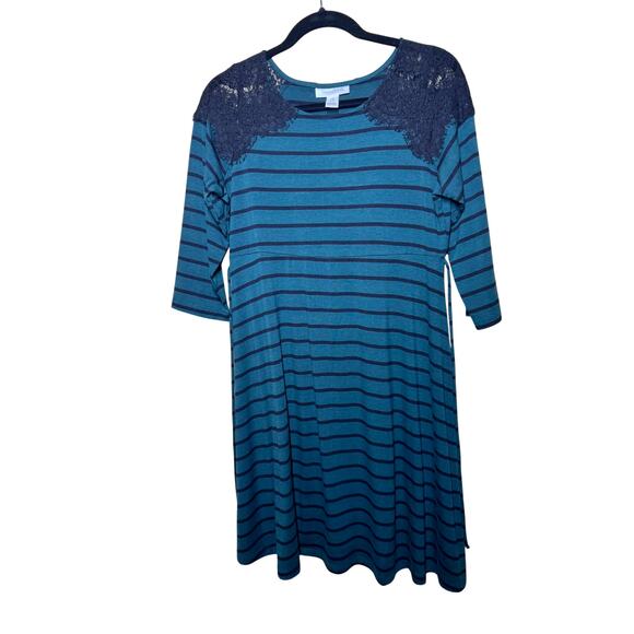 MOTHERHOOD MATERNITY STRIPED T-SHIRT DRESS LACE SHOULDER SIZE MEDIUM - Picture 3 of 8